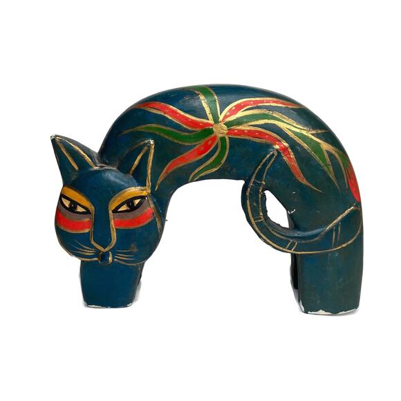 Vintage Laurel Burch Wood Arched Cat Figurine - Picture 1 of 6